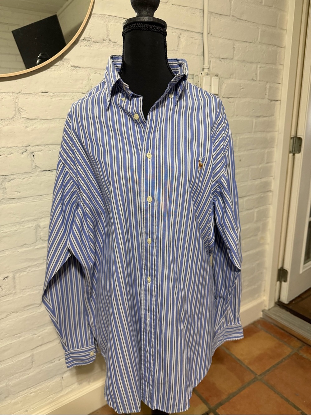 Ralph Lauren Blue and White Striped Button-Up Shirt Brown Pony